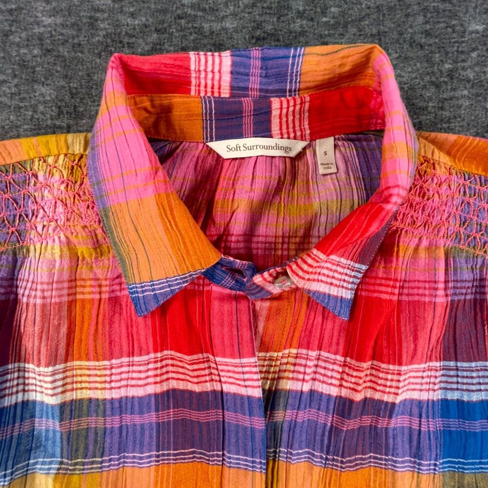 Soft Surroundings Sansonne Plaid Smocked Button Down Shirt Small Pink Cotton - Picture 4 of 10
